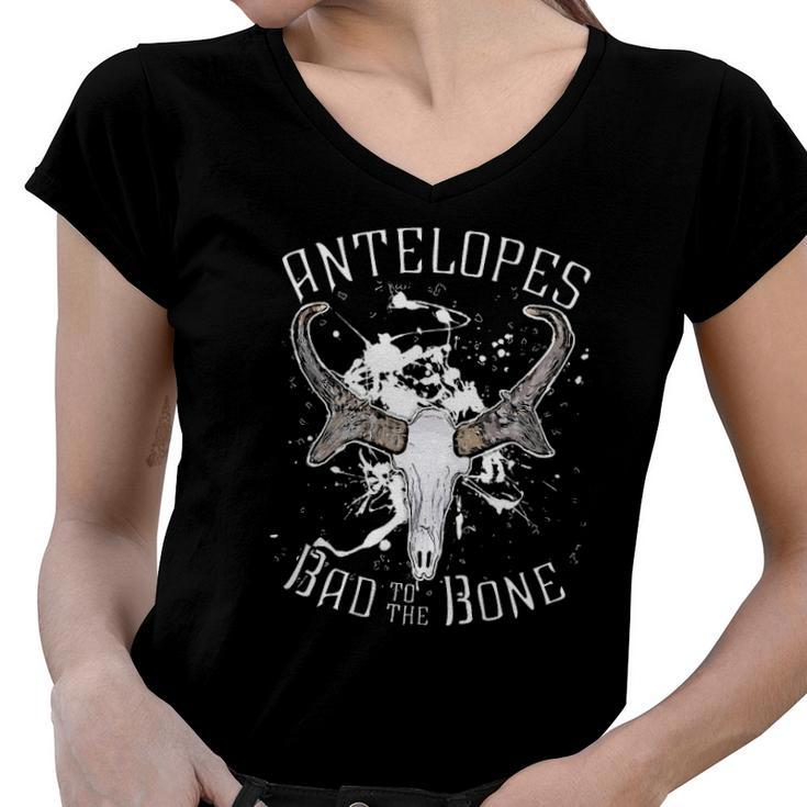 Antelope Bad To The Bone Skull Art Women V-Neck T-Shirt