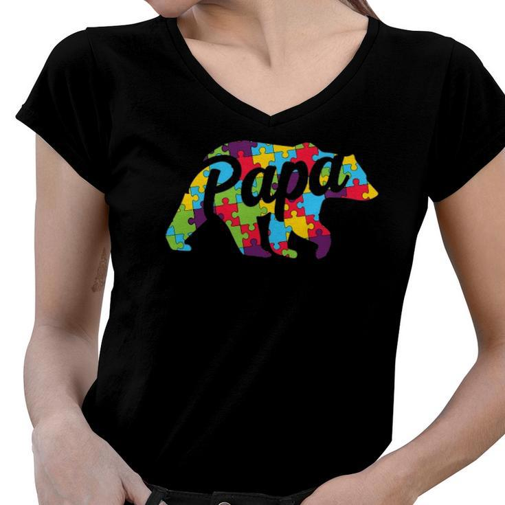 Autism Papa Bear Autism Awareness Women V-Neck T-Shirt