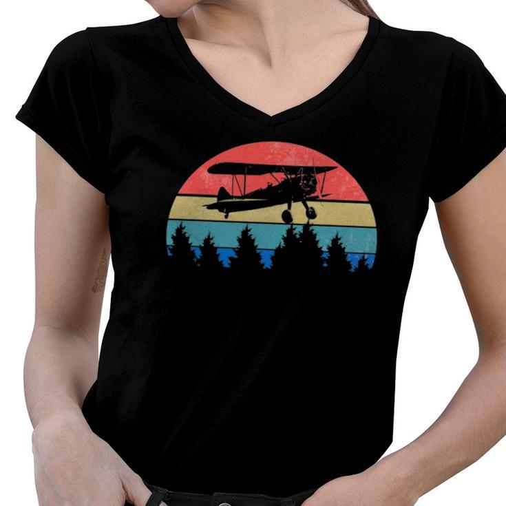 Aviator Pilot Vintage Bi-Plane Airplane Women V-Neck T-Shirt