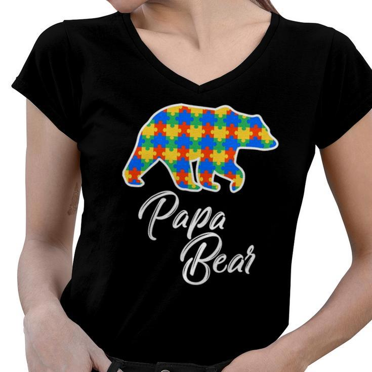 Bear Autism Puzzle Awareness  Papa Bear Gifts Women V-Neck T-Shirt