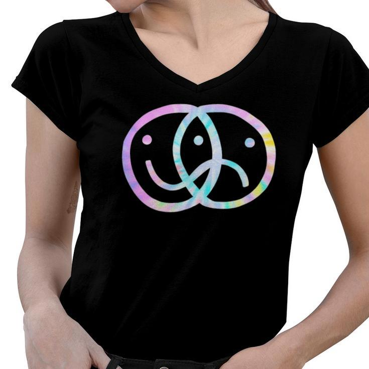 Bipolar Happy Sad Face Rad Indie Skater Culture Tie Dye Women V-Neck T-Shirt