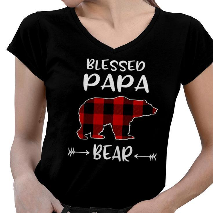 Blessed Papa Bear Buffalo Plaid Bear  For Papa Women V-Neck T-Shirt