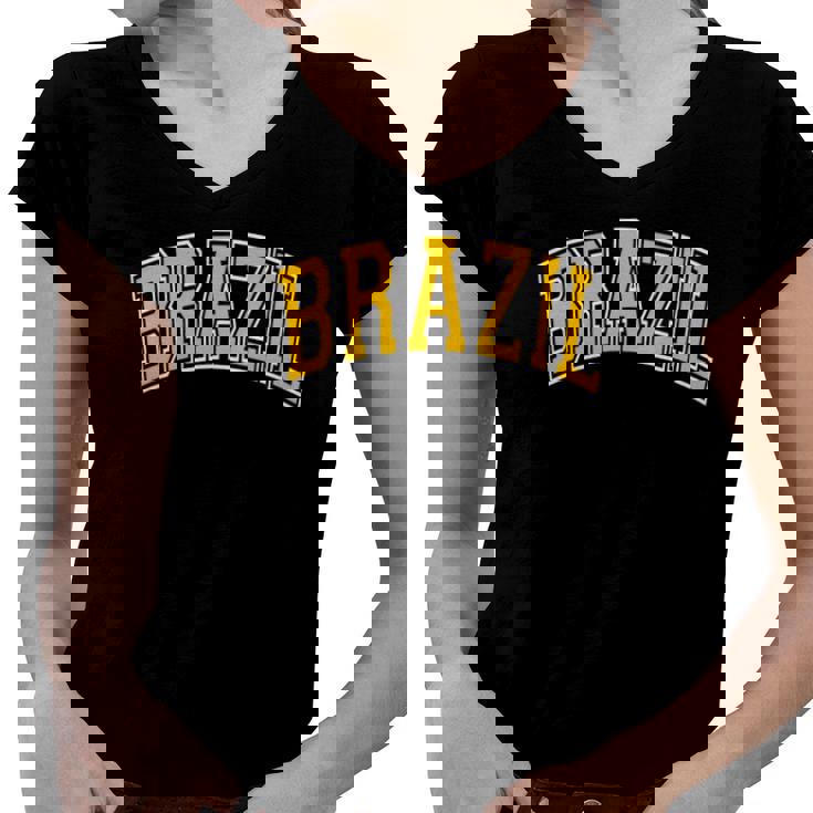 Brazil Varsity Style Amber Text Women V-Neck T-Shirt