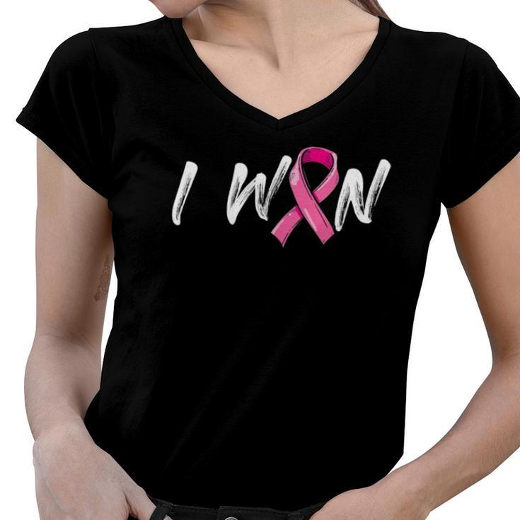 Breast Cancer Awareness I Won  Pink Ribbon Survivor Women V-Neck T-Shirt