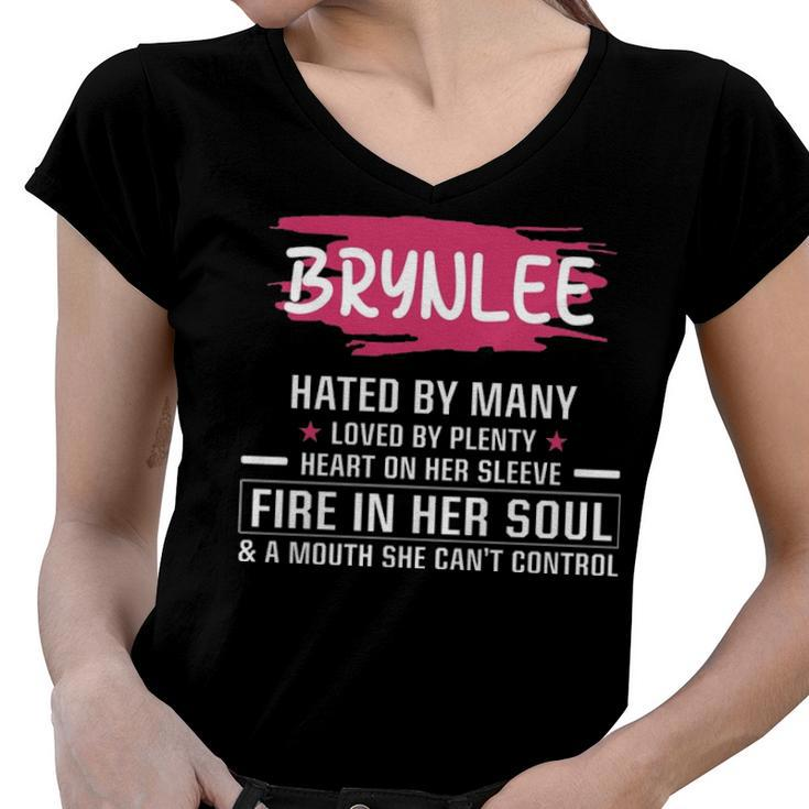 Brynlee Name Gift   Brynlee Hated By Many Loved By Plenty Heart On Her Sleeve Women V-Neck T-Shirt