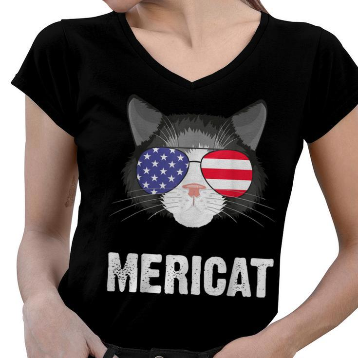 Cat American Flag Independence Day Mericat 4Th Of July  Women V-Neck T-Shirt