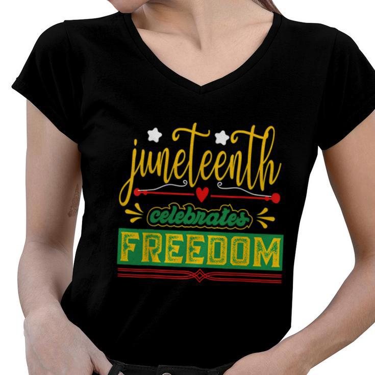 Celebrate Juneteenth Green Freedom African American  Women V-Neck T-Shirt
