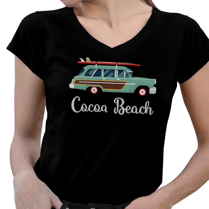 Cocoa Beach Fl Retro Surf Wagon Souvenir Graphic Women V-Neck T-Shirt