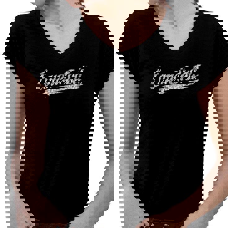Connecticut Ct Vintage Sports Script Retro Tee Women V-Neck T-Shirt
