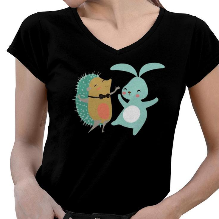 Cute Dancing Hedgehog & Rabbit Cartoon Art Women V-Neck T-Shirt