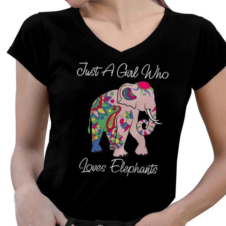 Cute Elephant Floral Themed Novelty Gift For Animal Lovers Women V-Neck T-Shirt
