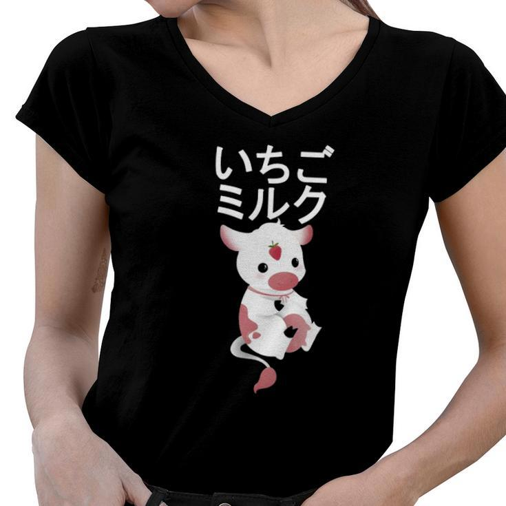 Cute Pink Strawberry Cow Milk Japanese Kawaii Anime  Women V-Neck T-Shirt