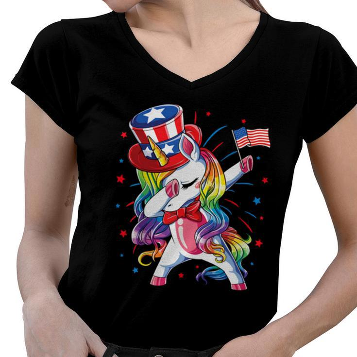 Dabbing Unicorn 4Th Of July Independence Day  Women V-Neck T-Shirt