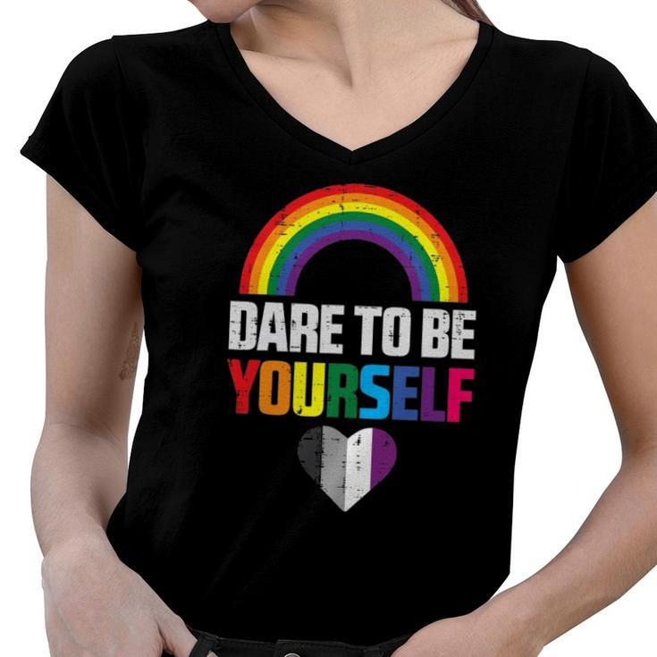 Dare To Be Yourself Asexual Ace Pride Flag Lgbtq Men Women Women V-Neck T-Shirt