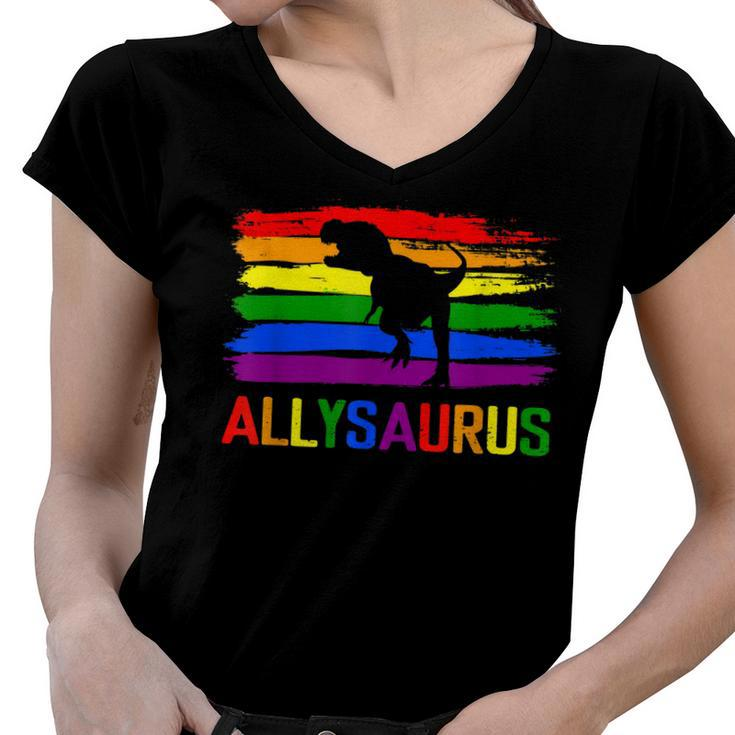 Dinosaur Lgbt Gay Pride Flag Allysaurus Ally T Rex Men Boys  Women V-Neck T-Shirt