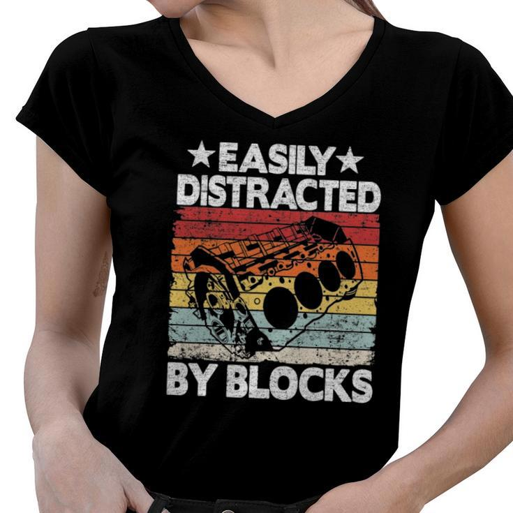 Easily Distracted By Blocks Racing Car Parts Funny Mechanic Women V-Neck T-Shirt