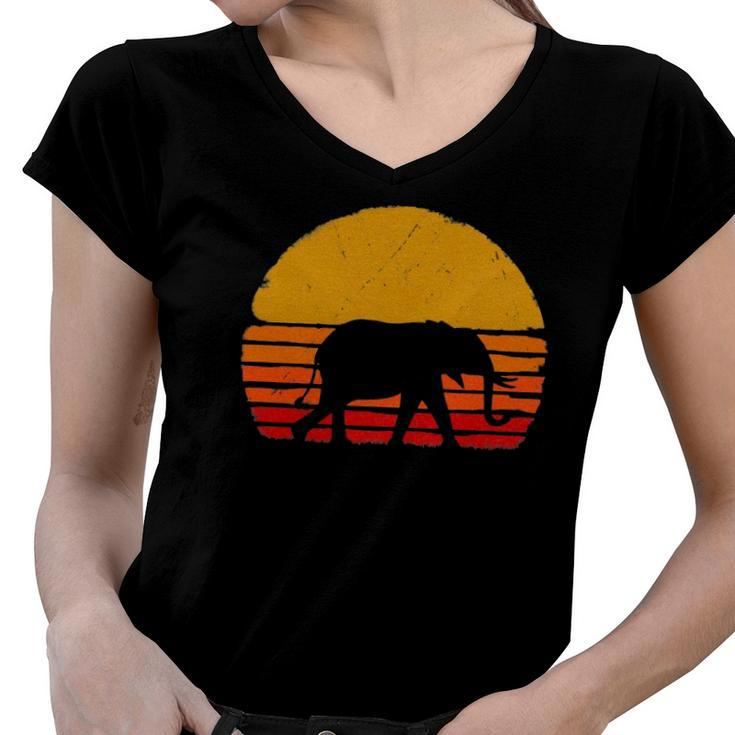Elephant Retro Style Silhouette Elephant Lover Gift Women V-Neck T-Shirt
