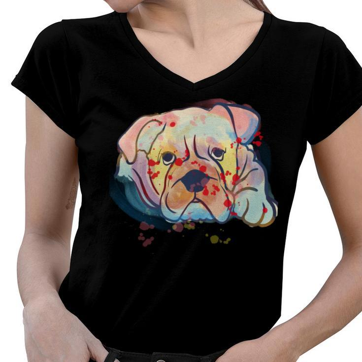 English Bulldog Abstract Watercolor Graphic Design  Women V-Neck T-Shirt