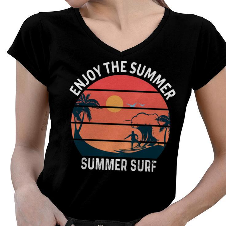 Enjoy The Summer Sunset Waves  Summer Surf Shirt Design  Women V-Neck T-Shirt