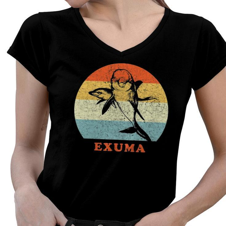 Exuma Bahamas Vintage Retro Dolphin Vacation Women V-Neck T-Shirt