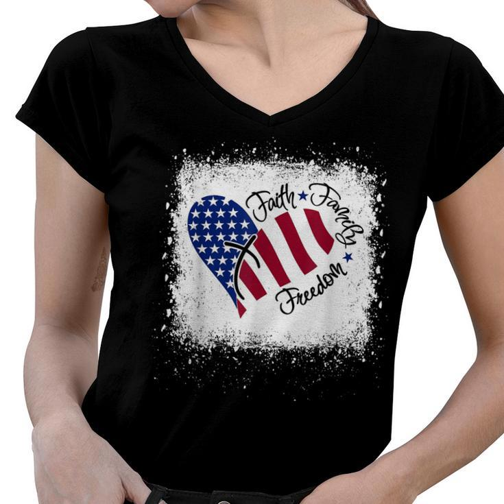 Faith Family Freedom Patriotic 4Th Of July Christian Girl  Women V-Neck T-Shirt