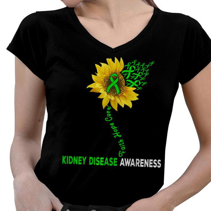 Faith Hope Cure Kidney Disease Sunflower Puzzle Pieces  Women V-Neck T-Shirt
