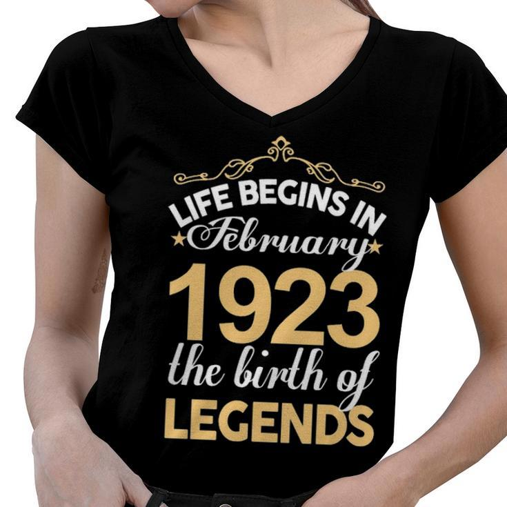 February 1923 Birthday   Life Begins In February 1923 V2 Women V-Neck T-Shirt