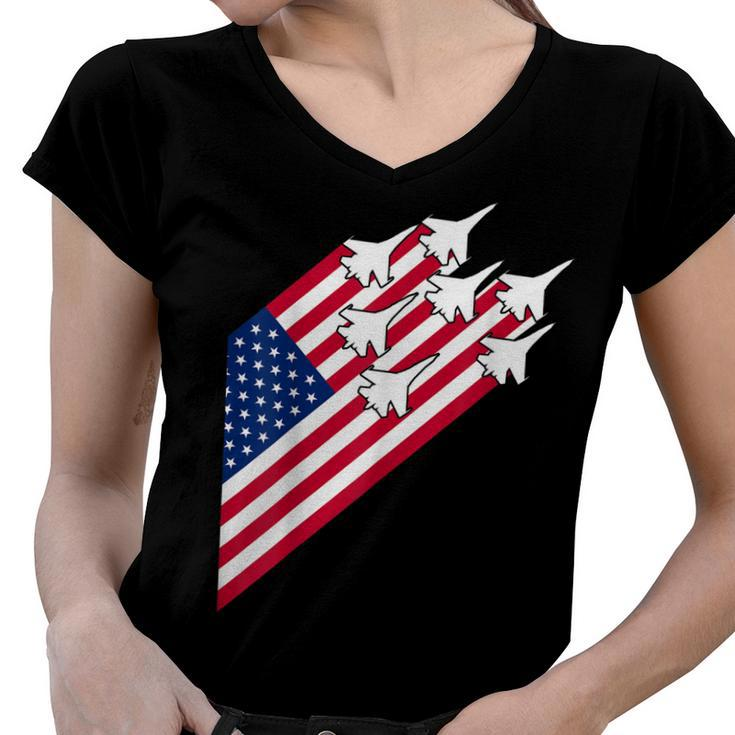Fighter Jets Usa Flag 4Th Of July Fighter Jet Flag  Women V-Neck T-Shirt