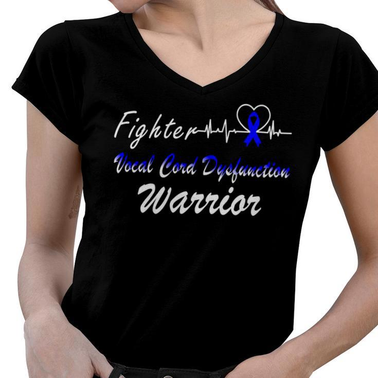 Fighter Vocal Cord Dysfunction Warrior Heartbeat  Blue Ribbon  Vcd Vocal Cord Dysfunction Awareness Women V-Neck T-Shirt