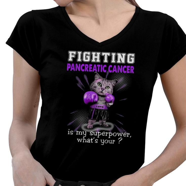 Fighting Cat Pancreatic Cancer Awareness Women V-Neck T-Shirt