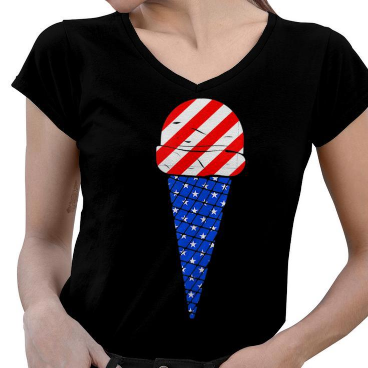 Fourth Of July American Flag Ice Cream  Women V-Neck T-Shirt
