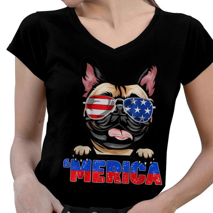 French Bulldog Frenchie Merica Wear Sunglasses 4Th Of July  Women V-Neck T-Shirt