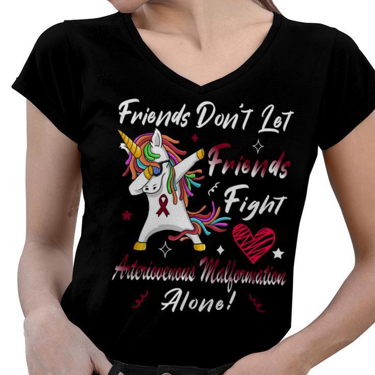 Friends Dont Let Friends Fight Arteriovenous Malformation Alone  Unicorn Burgundy Ribbon  Arteriovenous Malformation Support  Arteriovenous Malformation Awareness Women V-Neck T-Shirt