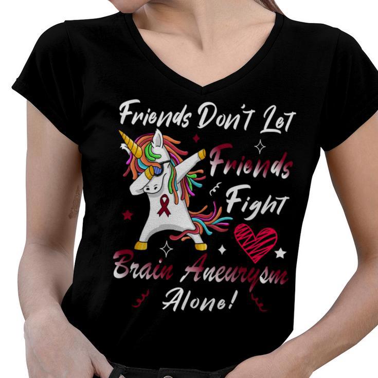 Friends Dont Let Friends Fight Brain Aneurysm Alone  Unicorn Burgundy Ribbon  Brain Aneurysm  Bpd Brain Aneurysm V2 Women V-Neck T-Shirt