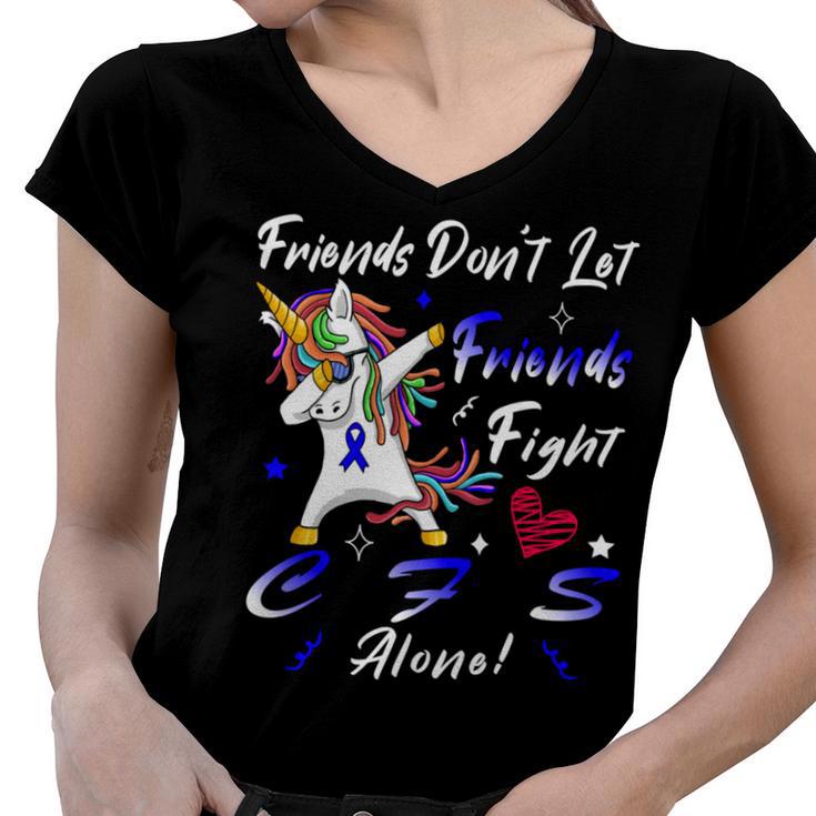 Friends Dont Let Friends Fight Chronic Fatigue Syndrome Cfs Alone  Unicorn Blue Ribbon  Chronic Fatigue Syndrome Support  Cfs Awareness V2 Women V-Neck T-Shirt