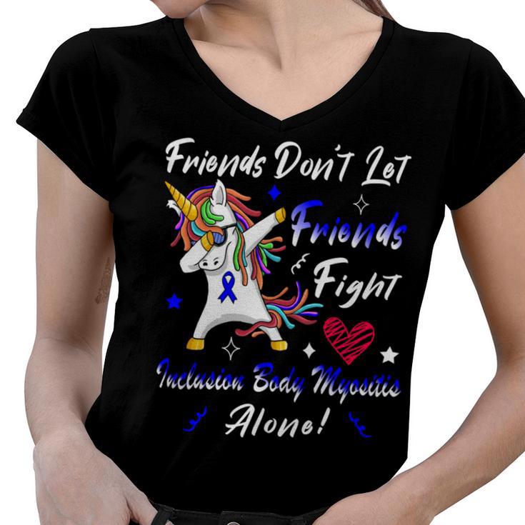 Friends Dont Let Friends Fight Ibm Alone  Unicorn Blue Ribbon  Inclusion Body Myositis  Inclusion Body Myositis Awareness Women V-Neck T-Shirt