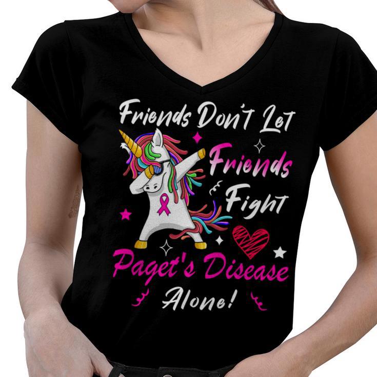 Friends Dont Let Friends Fight Pagets Disease Alone  Unicorn Pink Ribbon  Pagets Disease  Pagets Disease Awareness Women V-Neck T-Shirt