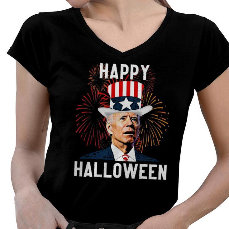 Funny Anti Biden Joe Biden Happy Halloween For Fourth Of July Women V-Neck T-Shirt