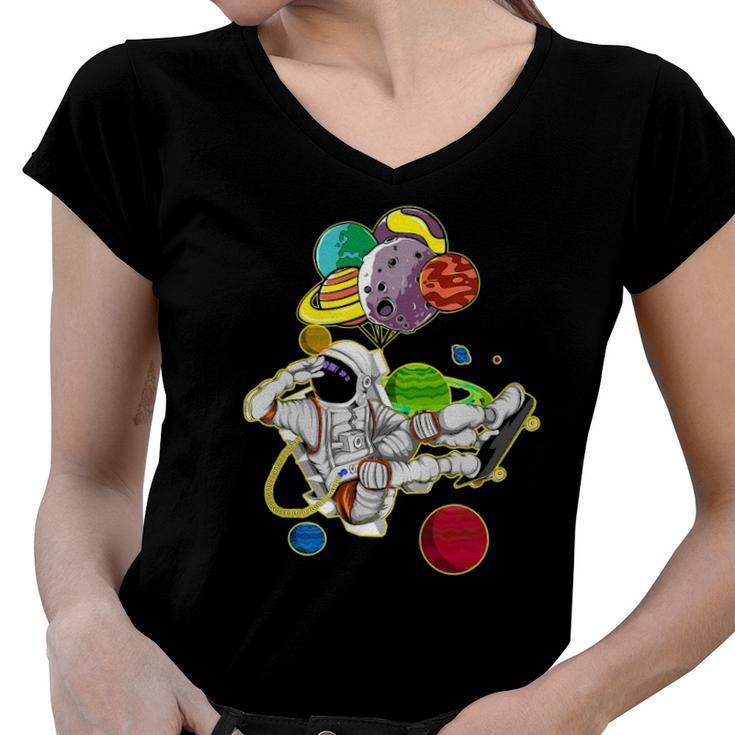 Funny Astronaut Space Travel Planets Skateboarding Science Women V-Neck T-Shirt