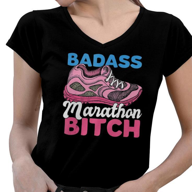 Funny Badass Marathon Bitch Long Distances Runner  Women V-Neck T-Shirt