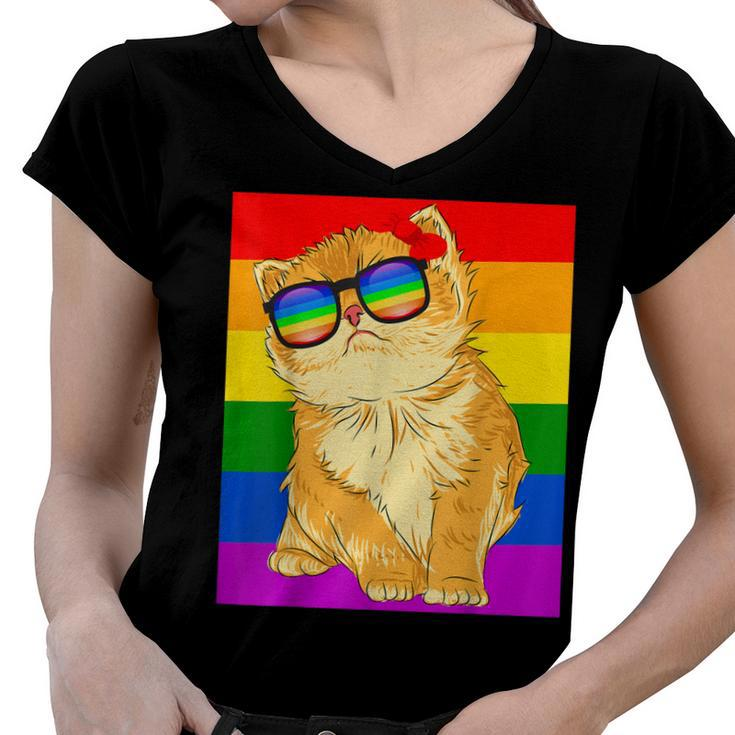Funny Cat Lgbt Gay Rainbow Pride Flag Boys Men Girls Women  Women V-Neck T-Shirt