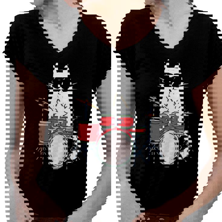Funny Cat Wearing Sunglasses Playing Drums Drum Kit Musician Women V-Neck T-Shirt