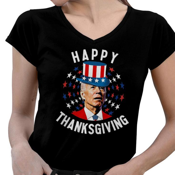 Funny Joe Biden Happy Thanksgiving For Fourth Of July Red White Blue Star Women V-Neck T-Shirt