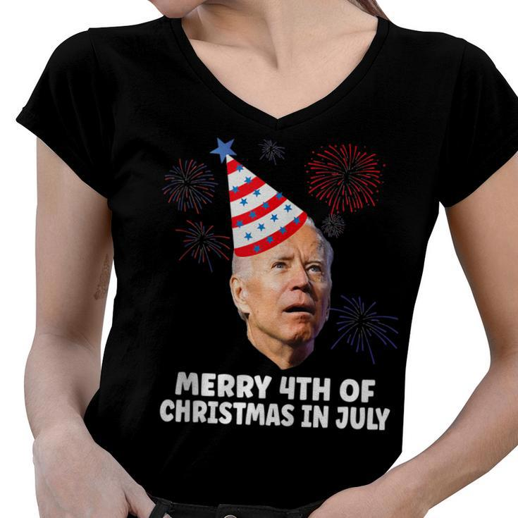 Funny Joe Biden Merry 4Th Of Christmas In July Usa Flag  Women V-Neck T-Shirt