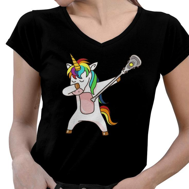 Funny Lacrosse Unicorn Dabbing Gift Women V-Neck T-Shirt