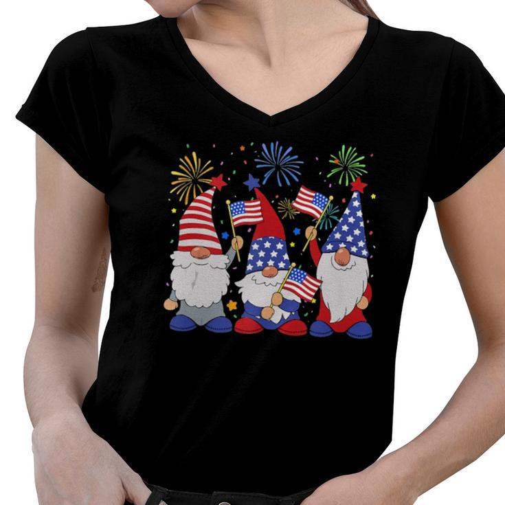 Funny Patriotic Usa American Gnomes 4Th Of July  Women V-Neck T-Shirt