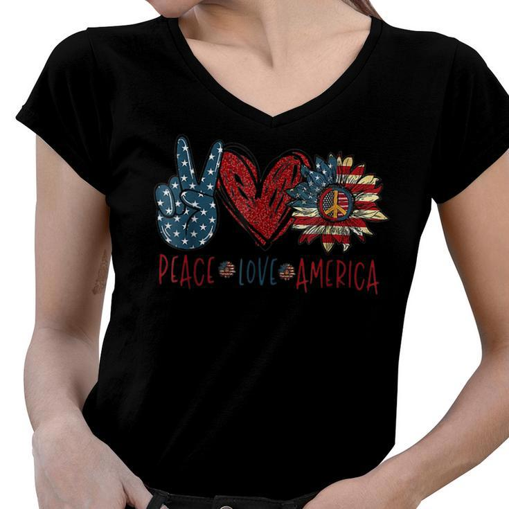 Funny Peace Love America Sunflower Hippie 4Th Of July  Women V-Neck T-Shirt