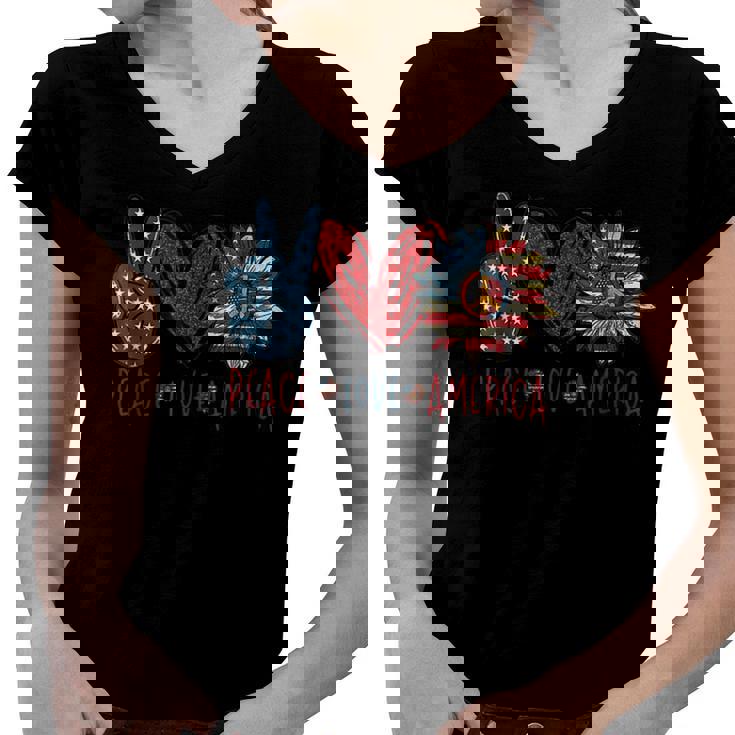 Funny Peace Love America Sunflower Hippie 4Th Of July  Women V-Neck T-Shirt