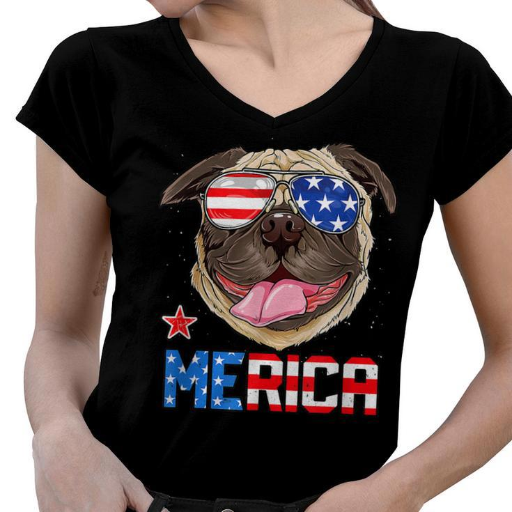 Funny Pug 4Th Of July Merica Mens Womens Kids American Flag  Women V-Neck T-Shirt