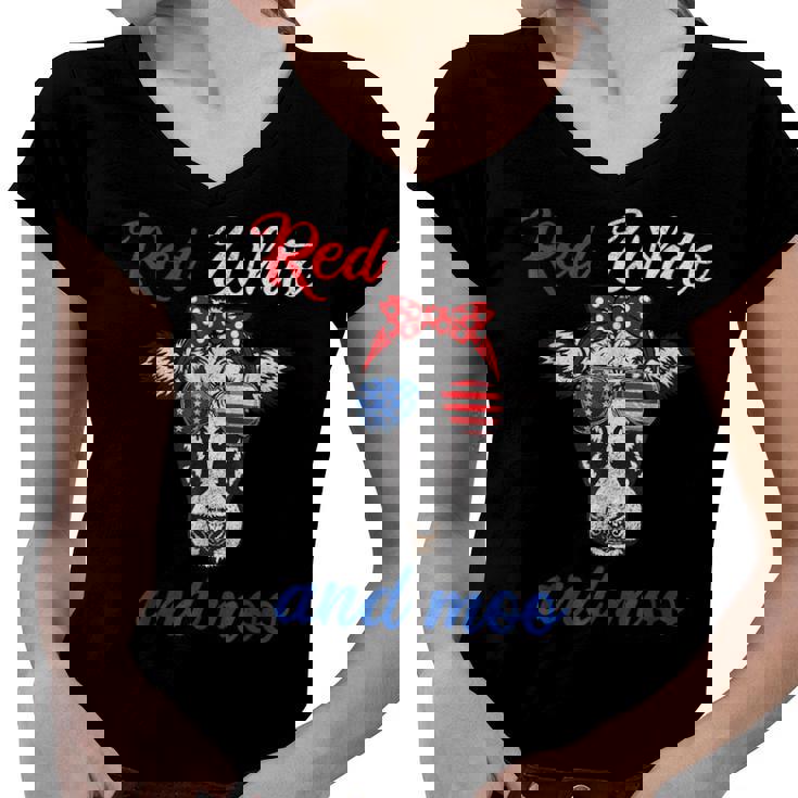 Funny Red White & Moo 4Th Of July Apparel Usa Patriotic Cow  Women V-Neck T-Shirt